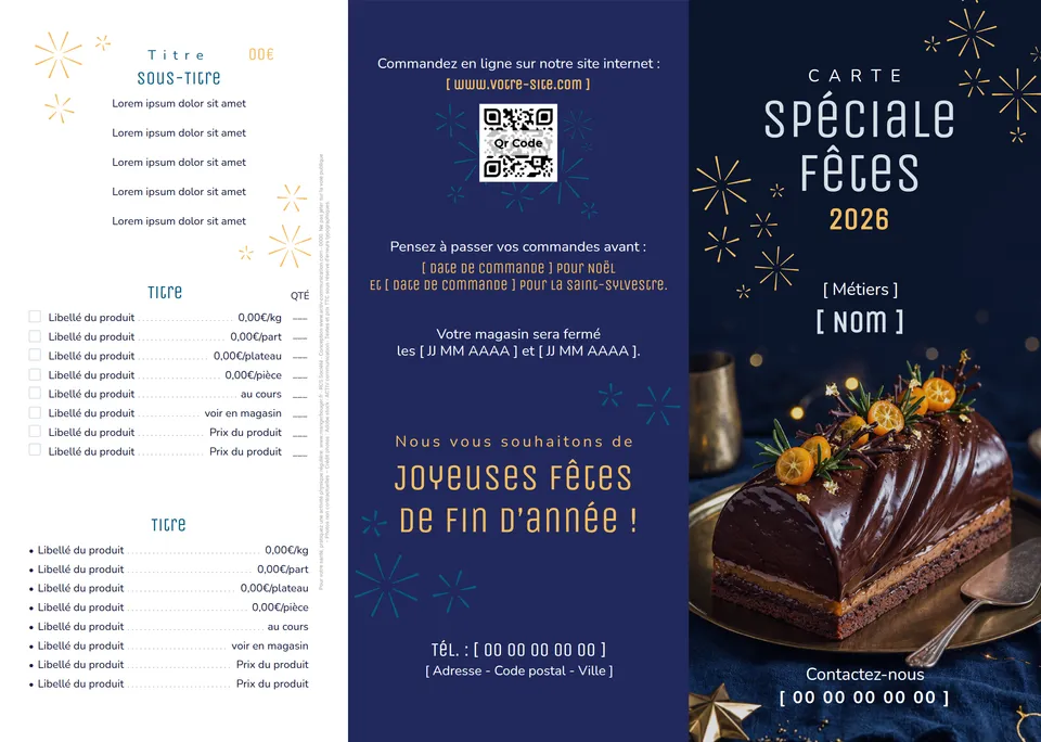 Dépliant de fêtes boulanger-pâtissier ouvert, face extérieure