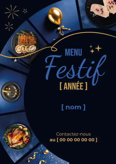 Menu festif traiteur, modèle n°23 Bleu sur noir, couverture